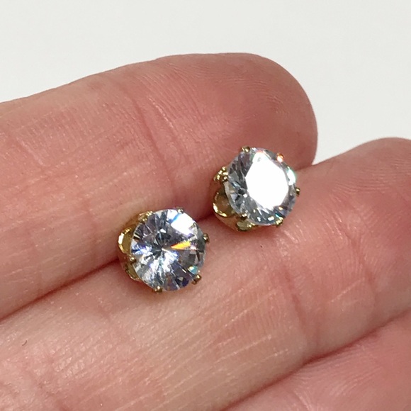 Vintage C&L 7mm Round Cut Prong Set CZ Stud Post Earrings Gold Tone Stainless - Picture 5 of 16